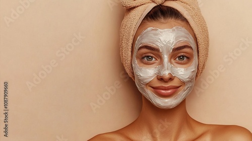 A relaxed young European woman poses over a beige background with half of her face covered by a mask, enjoying a beauty treatment. The photo is a panoramic shot with ample copy space. 