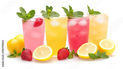 Colorful lemonade, pink and yellow drinks with mint leaves and strawberries on a white background