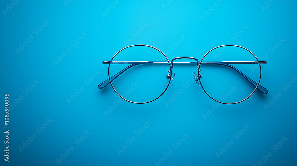 minimalist round metal eyeglasses on blue background minimalist round metal eyeglasses on blue background