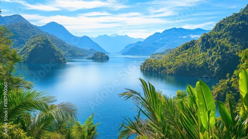 Tranquil Lake Surrounded by Lush Mountains