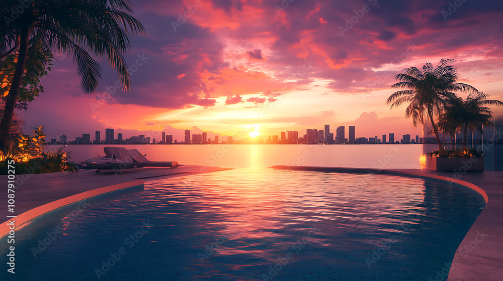 Obraz premium Impressive luxury penthouse terrace with infinity pool overlooking miami skyline at sunset 3d illustration