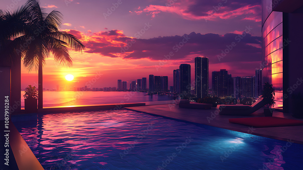 Obraz premium Impressive luxury penthouse terrace with infinity pool overlooking miami skyline at sunset 3d illustration