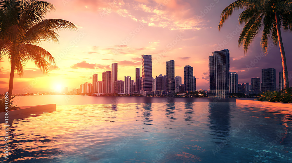 Obraz premium Impressive luxury penthouse terrace with infinity pool overlooking miami skyline at sunset 3d illustration