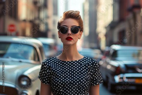 Stylish woman in a 1950s polka dot dress, walking down a city street with vintage cars in the background.