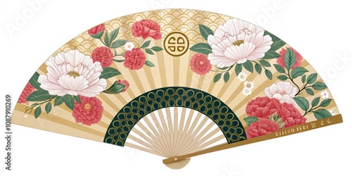 Prosperity Pattern A wideopen fan featuring a repeating gold s motif intertwined with peonies and chrysanthemums of prosperity and growth. photo