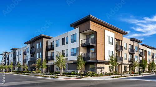 Modern apartment building exterior with a blue sky background, real estate photography, architecture photography, brown and white colors