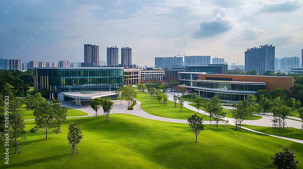 Modern university campus with green lawns and modern buildings, business center building in the background Modern university campus with green lawns and modern buildings, business center building in the background