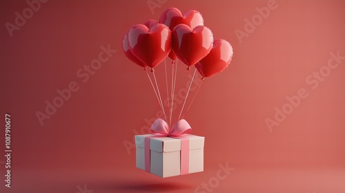 A gift box tied with a pink ribbon, floating on red heart-shaped balloons on the red background