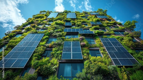 Green building with solar panels and vertical gardens. photo