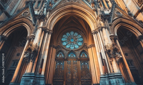 Wallpaper Mural Intricately decorated facade and entrance of a grand cathedral featuring ornate carvings, large archways, columns, and stained glass windows Torontodigital.ca