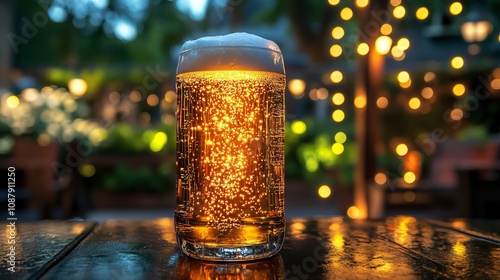 A translucent glass shaped like a beer can is filled with foamy lager ale. Placed on the edge of a wooden patio table at a microbrewery