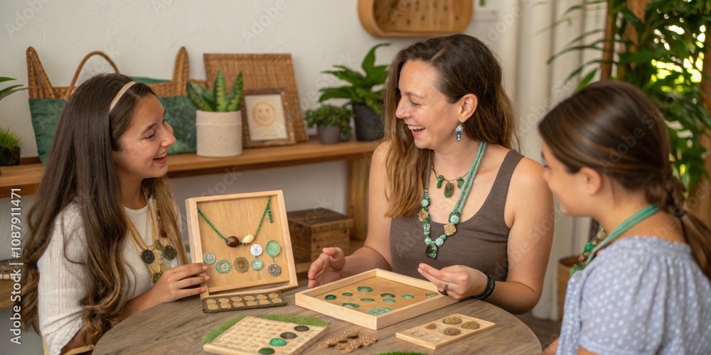 Fototapeta premium Three women are smiling while creating sustainable jewelry using recycled materials, showcasing eco conscious crafting and entrepreneurship