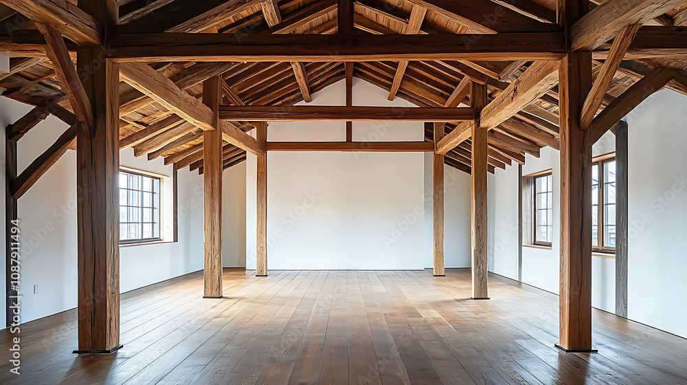 A photo of the interior of an open plan house in Japan, with white walls and wooden beams on the ceiling, a wood floor A photo of the interior of an open plan house in Japan, with white walls and wooden beams on the ceiling, a wood floor