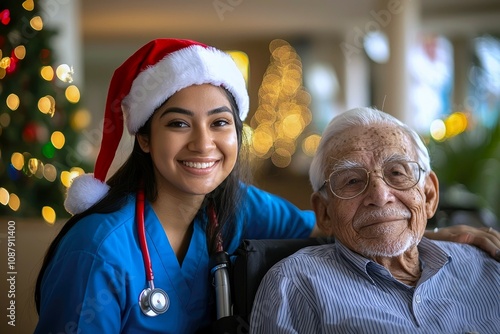 Smiling nurse in a Santa hat beside an elderly man in a wheelchair in a nursing home adorned with Christmas decor. Perfect for holiday-themed visuals highlighting senior care, festive healthcare.