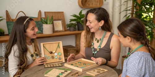 Three women are smiling while creating sustainable jewelry using recycled materials, showcasing eco conscious crafting and entrepreneurship photo