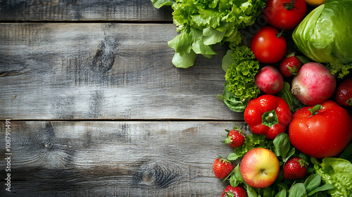 Fresh vegetables and fruits arranged beautifully on a wooden table, highlighting healthy eating habits and nutrition