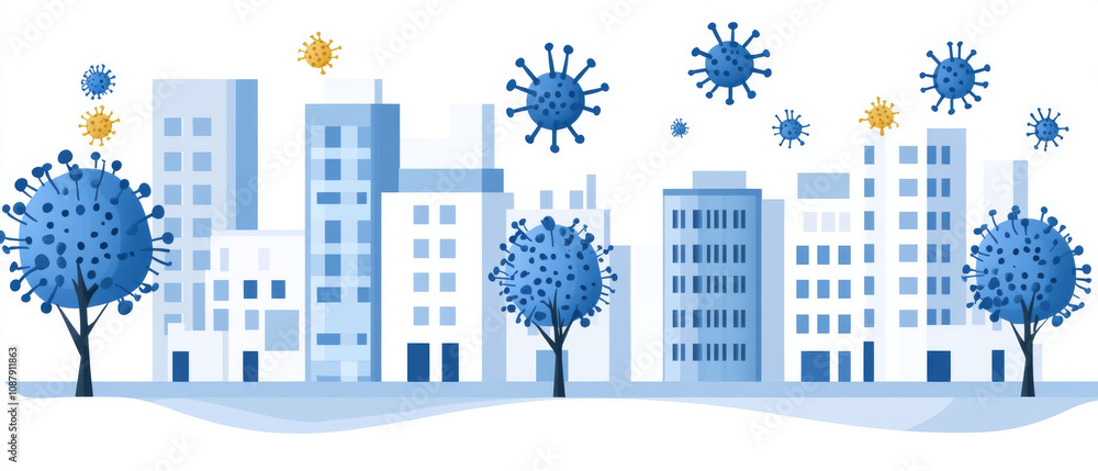Obraz premium Cityscape with virus particles in air, illustrating pandemic impact