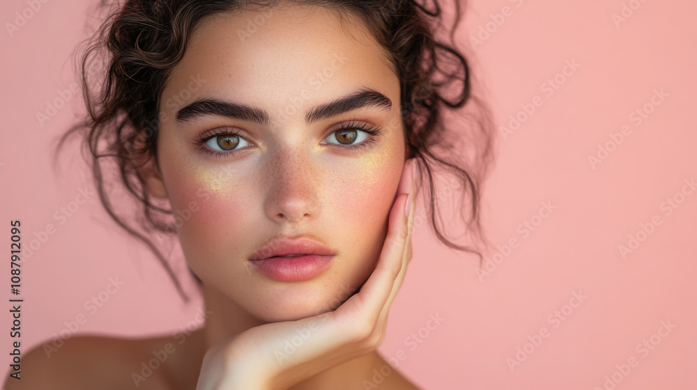 Elegant portrait of a model posing against a soft pink background for beauty and fashion concepts Elegant portrait of a model posing against a soft pink background for beauty and fashion concepts