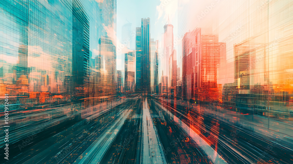 Fototapeta premium Dubai's downtown skyscrapers as a cityscape, The Emirate of Dubai's capital city's contemporary skyline, technology in the concept of transportation, Double exposure