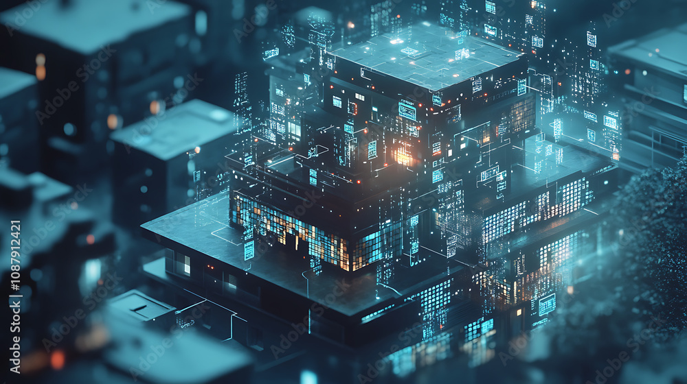 Conceptual banner for smart home technology, illustrating a building made of digits connected to domestic smart devices, emphasizing intelligent house control Conceptual banner for smart home technology, illustrating a building made of digits connected to domestic smart devices, emphasizing intelligent house control