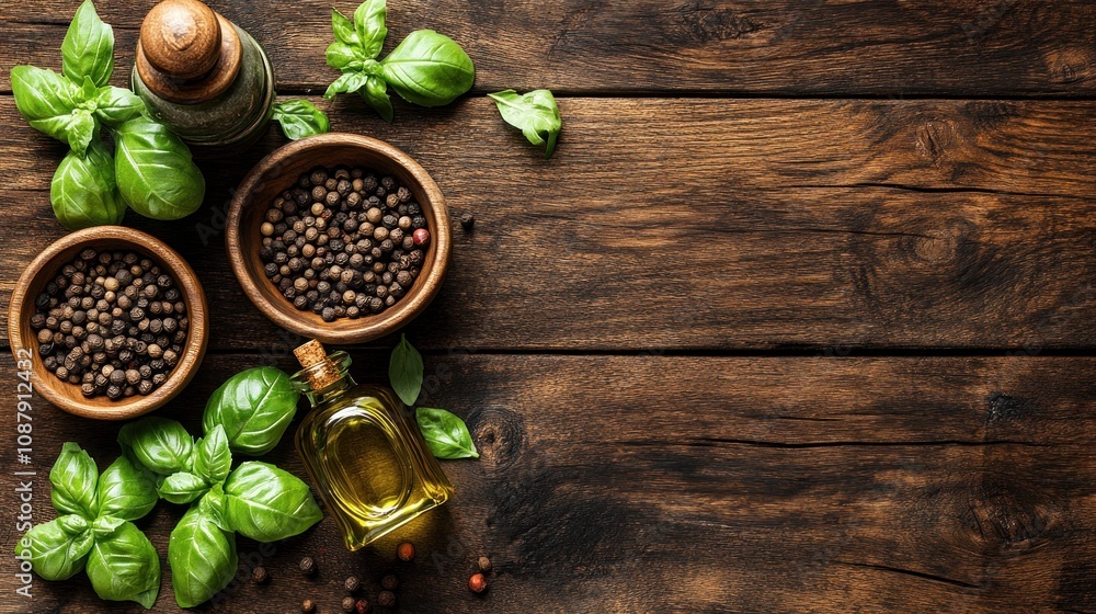 Herbs and spices arranged on a wooden table. Herbs and spices arranged on a wooden table.