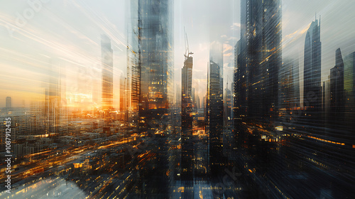 Dubai's downtown skyscrapers as a cityscape, The Emirate of Dubai's capital city's contemporary skyline, technology in the concept of transportation, Double exposure