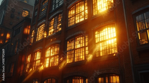 Illuminated brick building at night.