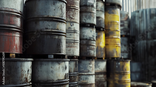 Oil barrels or chemical drums stacked up, indicating hazardous waste and the scale of hydrocarbon storage