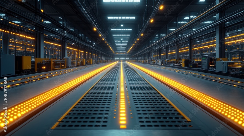 Illuminated factory interior with automated production lines. Illuminated factory interior with automated production lines.