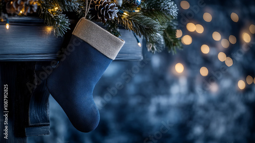 Decorative blue Christmas stocking hanging near a winter-themed mantelpiece with soft lights and festive greenery