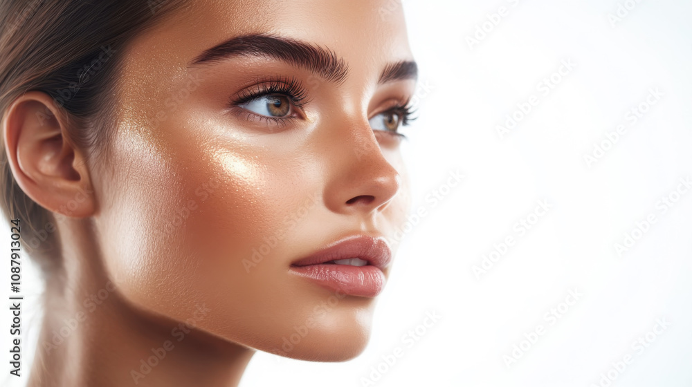 Serene beauty portrait of model with captivating side profile on white background Serene beauty portrait of model with captivating side profile on white background