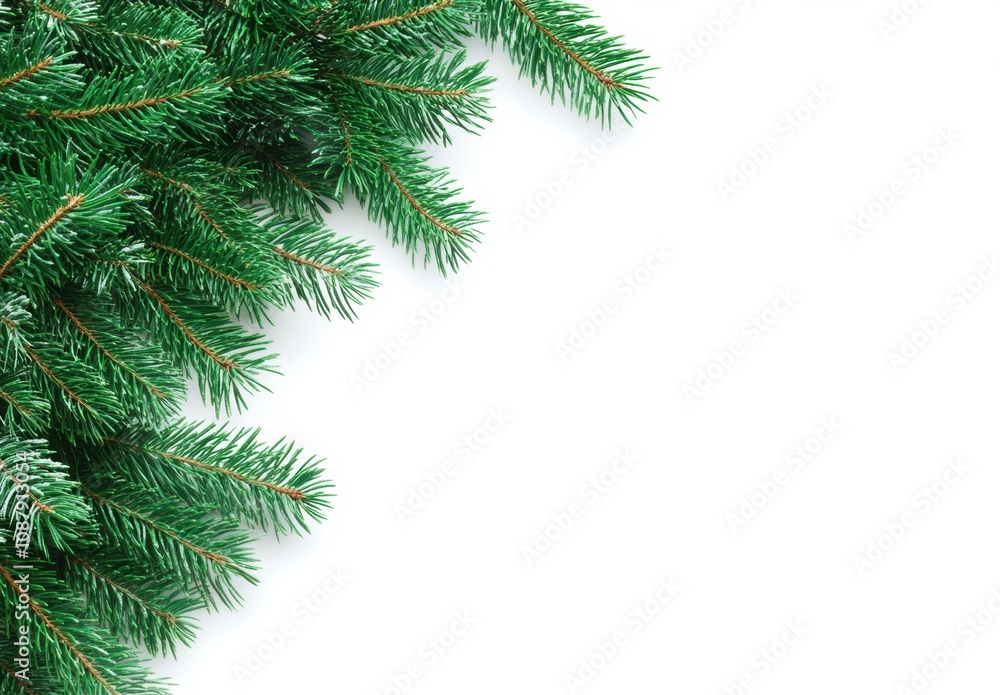 Green pine branches arranged elegantly on a white background Green pine branches arranged elegantly on a white background