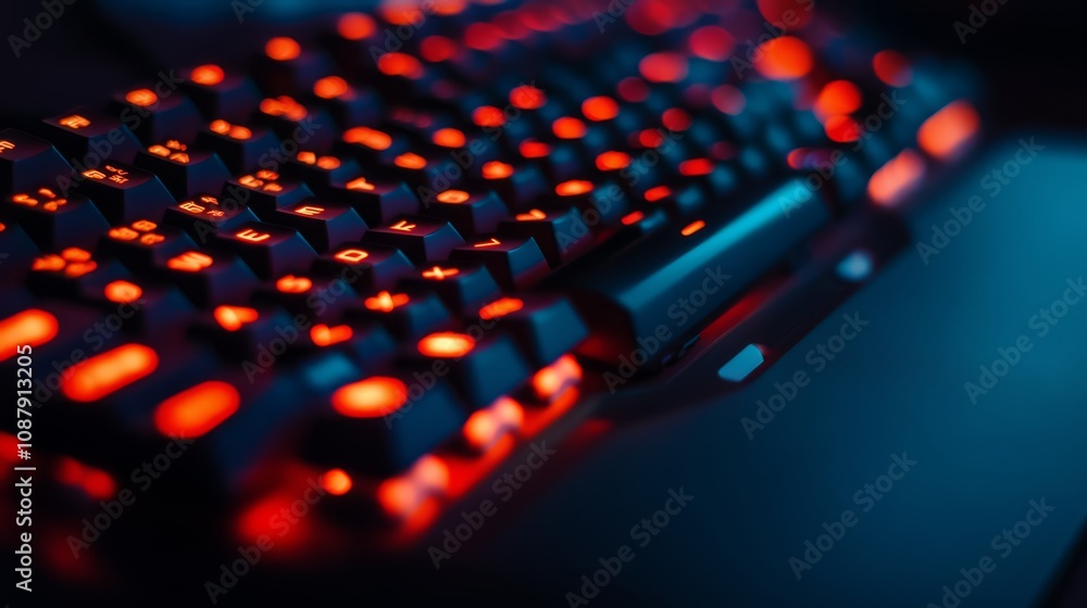 Close-up of a black gaming keyboard with red backlight. Close-up of a black gaming keyboard with red backlight.
