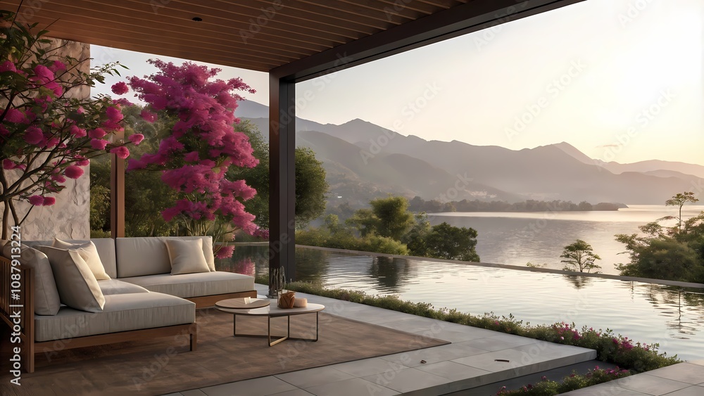Living Room with Panoramic Mountain Views, Warm Lighting, and High-End Furniture in a Cozy Lakeside Autumn Setting V23 Living Room with Panoramic Mountain Views, Warm Lighting, and High-End Furniture in a Cozy Lakeside Autumn Setting V23