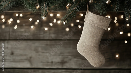 Holiday stocking hangs from a festive mantle adorned with twinkling lights and evergreen garlands in a cozy setting photo