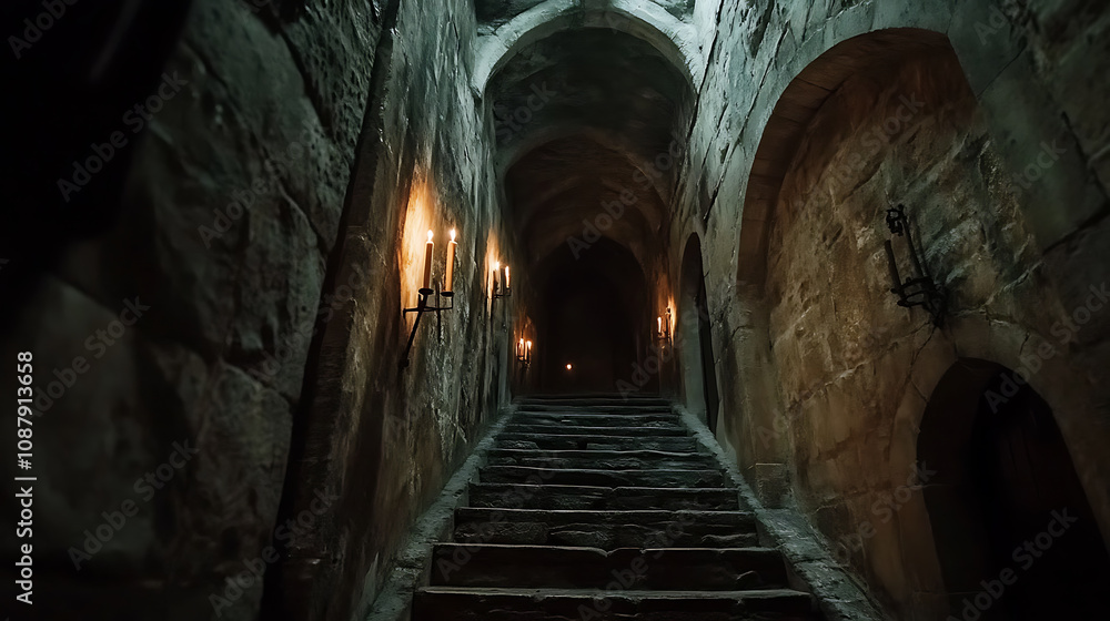 Obraz premium Medieval castle dungeon interior ominous stone walls flickering torches dark symmetrical staircase