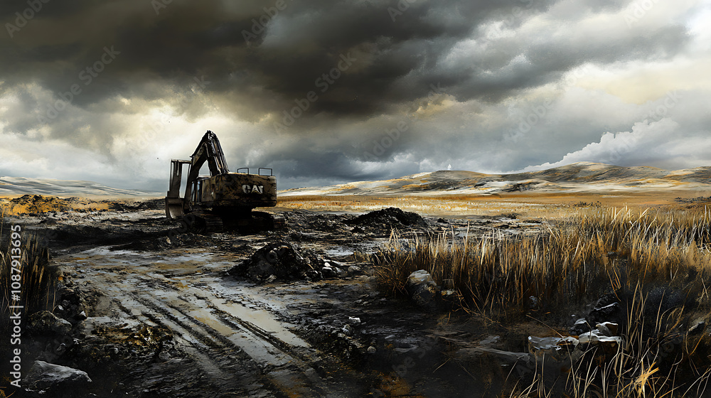 Fototapeta premium Excavator working in the field, dirt and rocks around it, cloudy sky, dramatic lighting