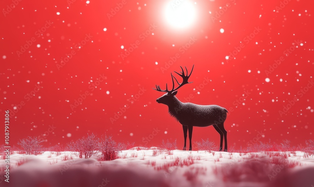 Black reindeer silhouette against a red snowy landscape Black reindeer silhouette against a red snowy landscape