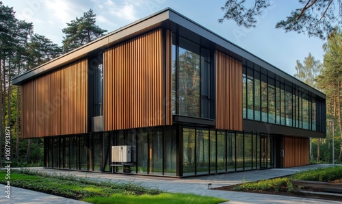 Modern building with vertical wooden slat exterior and large air conditioning unit mounted on the wall, adjacent to large glass windows, surrounded by a wooded area