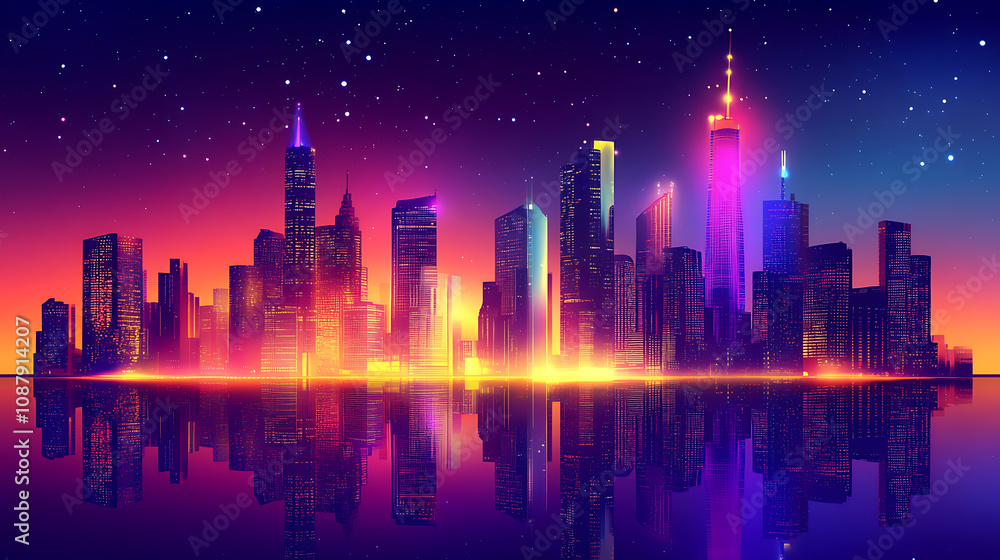 Sparkling city skyline at night urban landscape with glowing lights Sparkling city skyline at night urban landscape with glowing lights