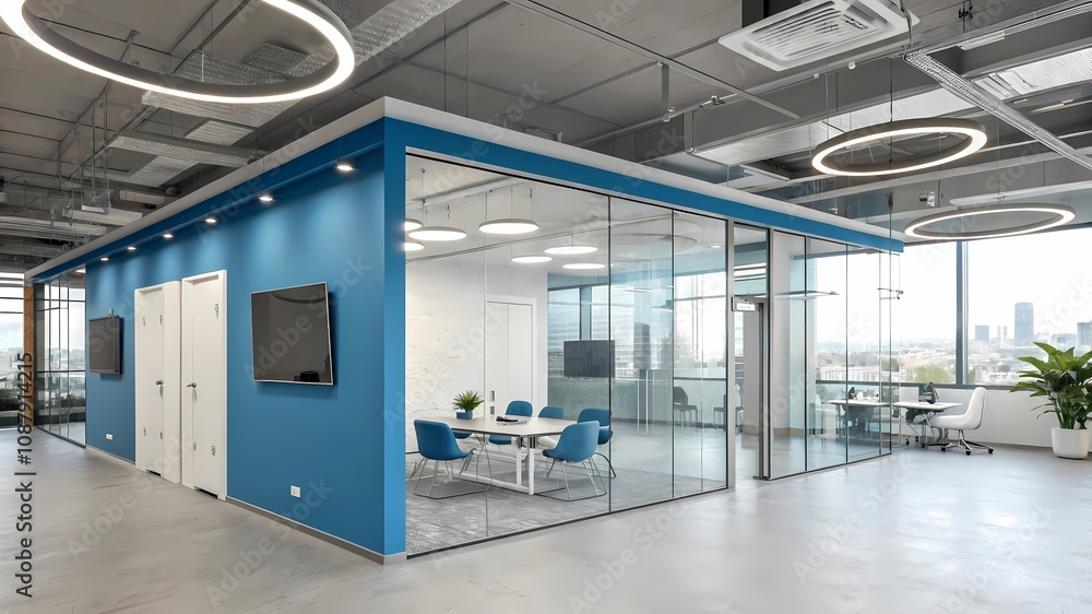 Obraz premium Spacious Office Interior with Floor to-Ceiling Windows, Ergonomic Furniture, and Contemporary Minimalist Design in a Bright, High-Tech Corporate Setting V5