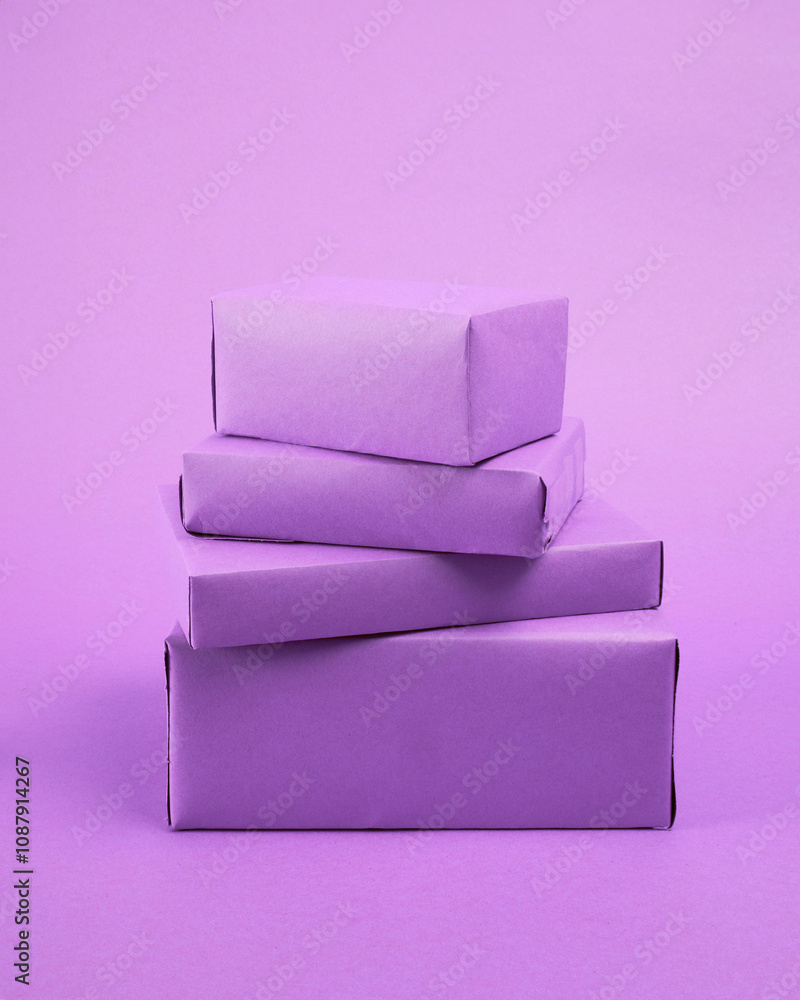 collection of roughly wrapped boxes in various sizes on purple background collection of roughly wrapped boxes in various sizes on purple background
