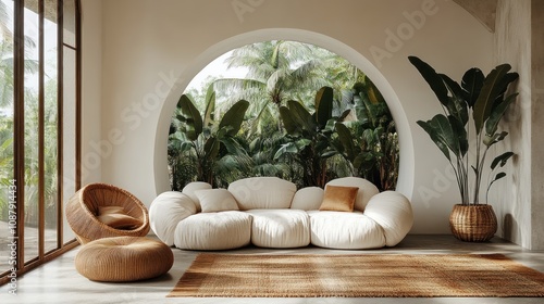 Here's a possible  and keyword list for your stock photo... Luxurious living room with organic modern furniture and tropical view.
