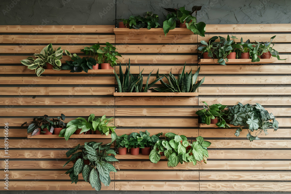 Naklejka premium Wooden wall with green plants, contrasting with textured gray, modern natural vibe.
