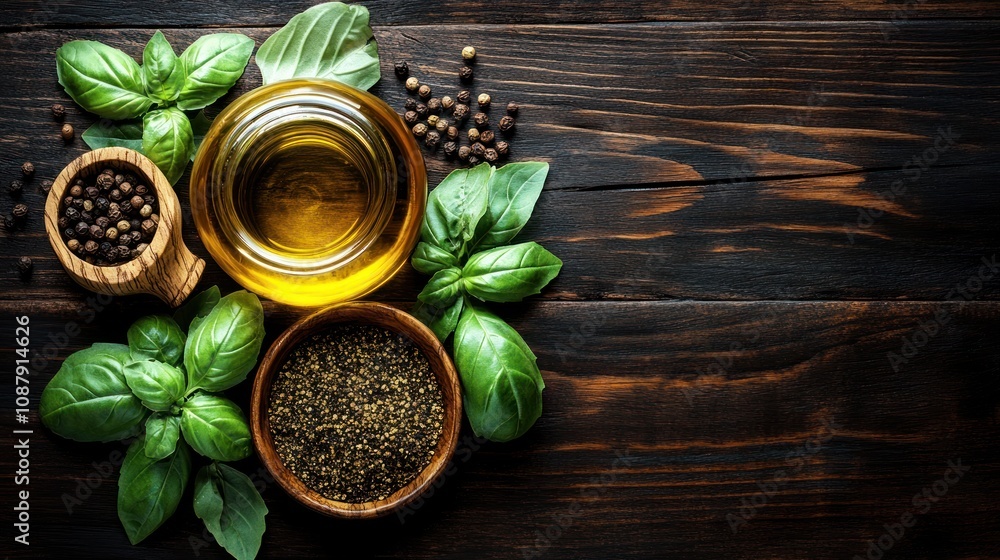 Ingredients for cooking with oil and herbs. Ingredients for cooking with oil and herbs.