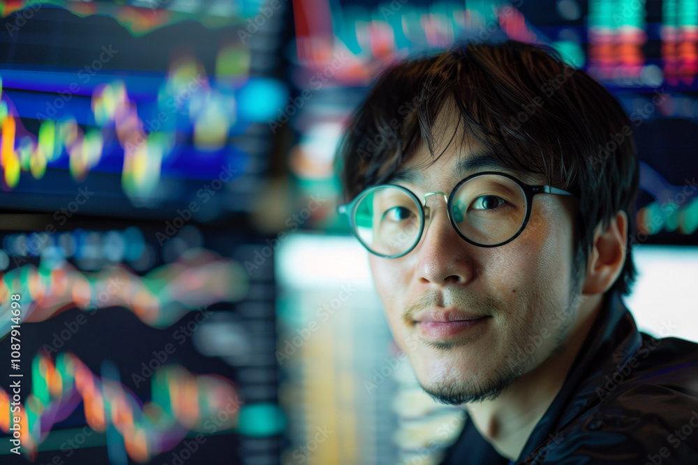 Successful Korean man crypto trader portrait on the background of forex graph hologram on the large monitor. Keen enthusiastic person analysis online trading on the stock exchange market. Successful Korean man crypto trader portrait on the background of forex graph hologram on the large monitor. Keen enthusiastic person analysis online trading on the stock exchange market.