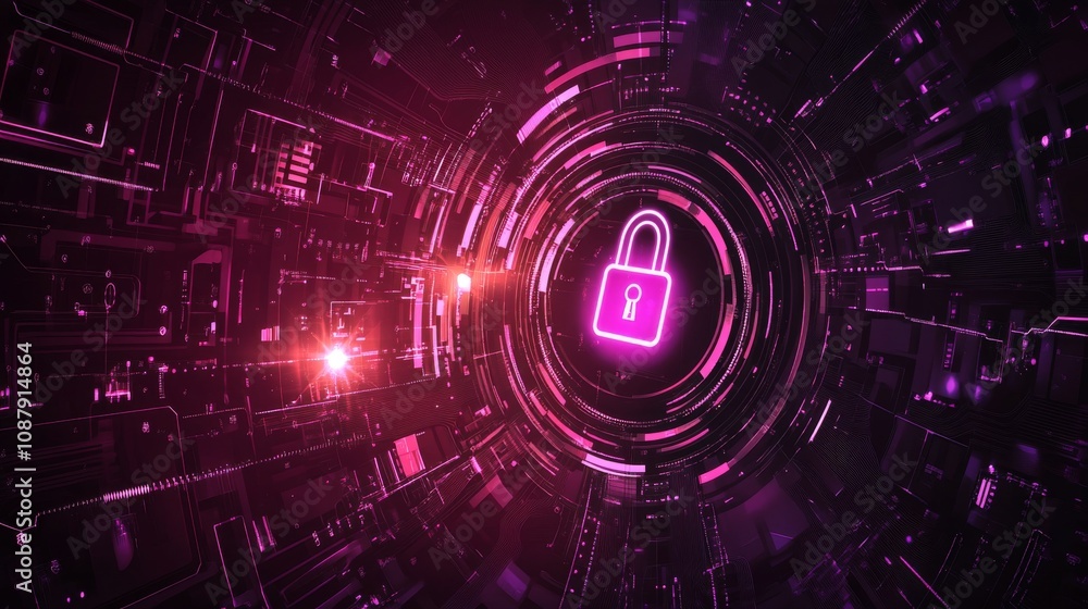 Fototapeta premium a purple and red cyber security background with lock icon in the center, techy feel, with lights around it