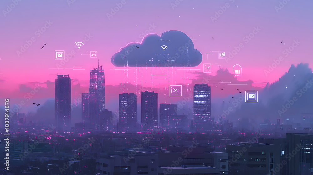 Fototapeta premium A digital illustration of a secure cloud storage concept, featuring a metallic microchip with a padlock symbolizing data protection and cybersecurity in cloud computing