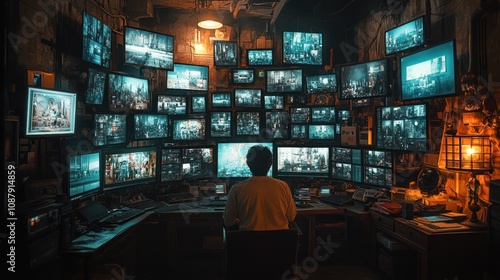 A lone person sits in front of a wall of monitors displaying various images in a dark room.