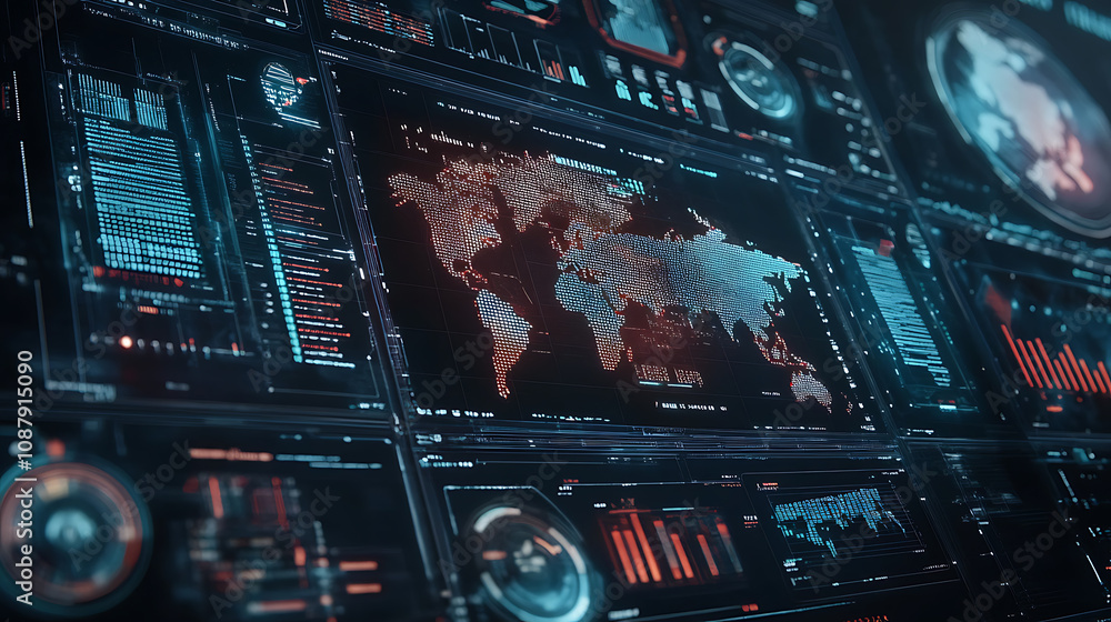 Naklejka premium A futuristic digital interface displays various data visualizations, charts and graphs with the world map in focus on one screen